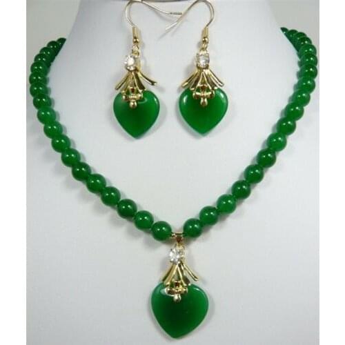 Emerald Green Jade Crystal Women Girl Party Pendant Necklace Earrings Set