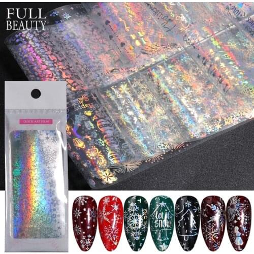 10pcs Christmas Nails Art Transfer Foil White Snowflake Mixed Winter Designs Adhesive Nail Stickers Foil Decor Accessory CH0926