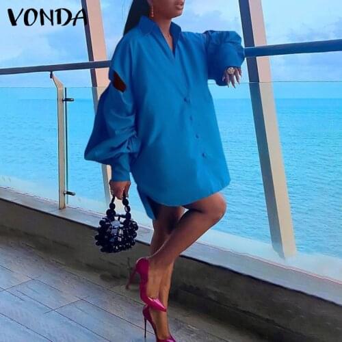 Long Sleeve Shirt Dress 2021 VONDA Holiday Women Party Mini Dresses Sexy Lapel Button Down Hollow Out Vestidos Oversized Robe