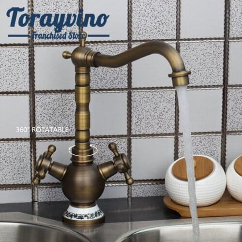 Torayvino Swivel 360 Kitchen Tap Double Handles Retro Antique Brass Deck Mounted Basin Sink Torneira Cozinha Vessel Mixer Faucet