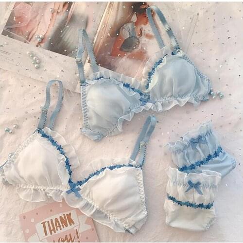 Japanese Cute Lingerie Sexy Lolita Ultra Thin Bra and Panty Set Ruffles Wire Free Ultra Thin Bra Thong for Young Girls Underwear