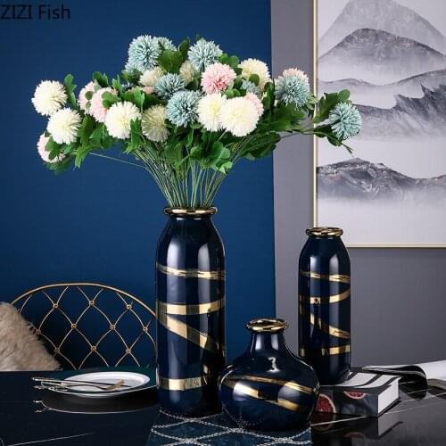European Blue Ceramic Vase Gilded Stripes Luxury Bedroom Living Room Handicraft Furnishings Flower Vases Home Decoration Modern