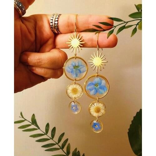Blue Larkspur Earrings, Sun Earrings, Botanical Earrings, Plant Lover Gift, Resin Earrings, Celestial Earrings