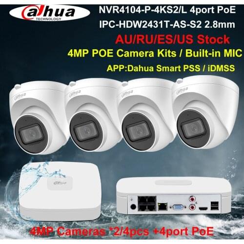 Dahua Security Camera System 4MP PoE Kits IPC-HDW2431T-AS-S2 NVR4104-P-4KS2/L 4CH NVR Recorder 2/4pcs IP Camera Build in Mic