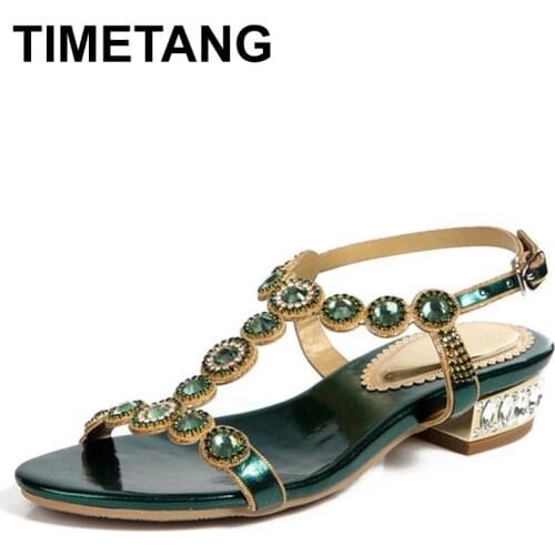 TIMETANG Women Green Rhinestone Sandals T-strap Square Heel 2.5cm Low-heeled Sandals Party Shoes Back Buckle Big Size35-44