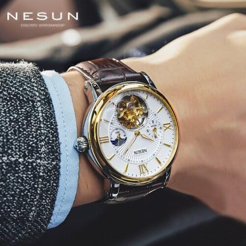 Top Brand Nesun 9091 Men Tourbillon Watch Automatic Mechanical Fashion Sports Leather Wristwatch Switzerland Relogio Masculino