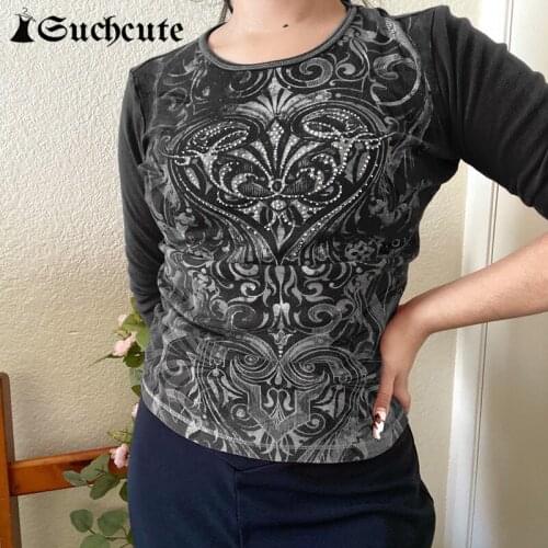 SUCHCUTE Graphic Print Women Autumn Long Sleeve Tops O Neck Casual Aesthetic Vintage Female T-shirt Harajuku Gothic Fashion Tees