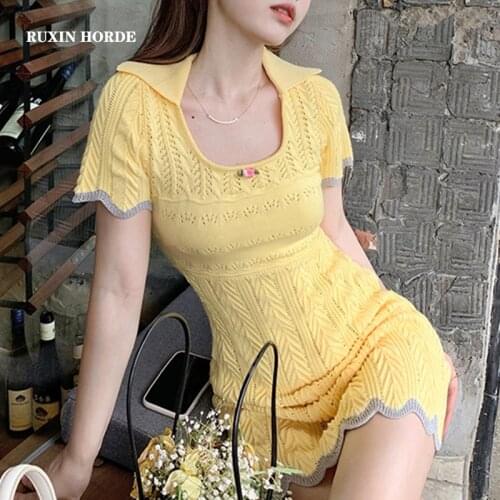 Mini Knitting Splicing Dress Special Weave Summer Dresses Hook Flower Hollow Show Big U-Neck Get Thin Short Sleeve Sweet Girl