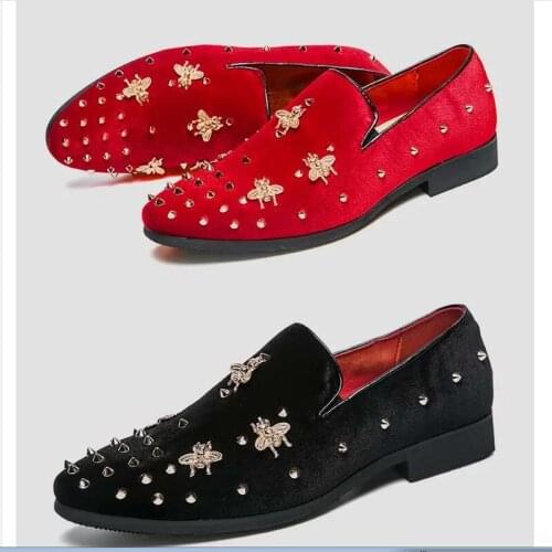 Fashion Multicolor Velvet Men Shoes Gold rivet and Embroidery Bees Men Loafers Italy Brand Party Wedding Men Dress Shoes 38-47