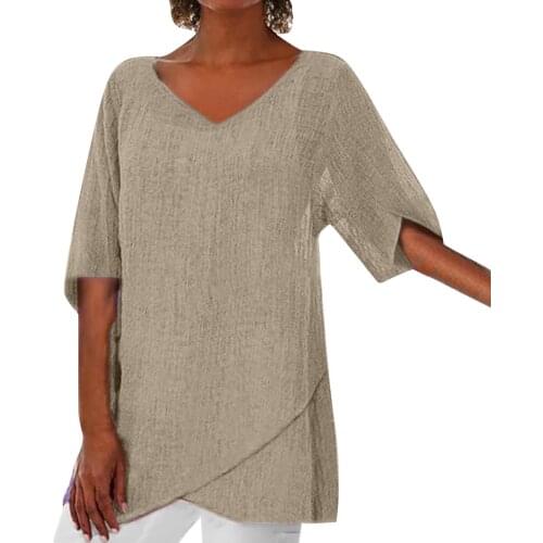 Vetement femme 2021 Woman Vintage Cotton and linen O-Neck Short Sleeve Solid Color Tops T-shirts рубашка женская