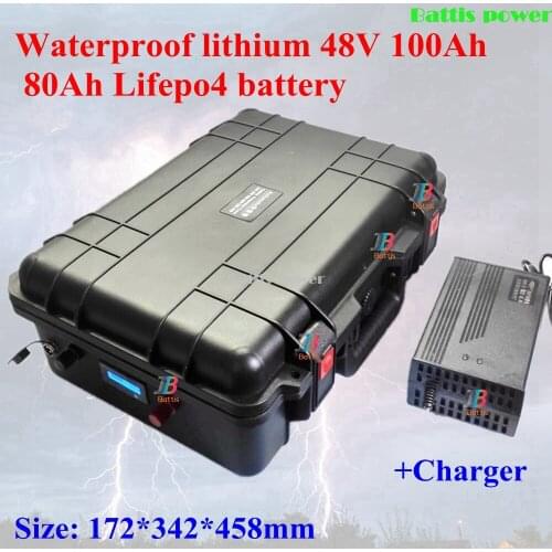Waterproof 48V 80Ah Lifepo4 48v 100AH lifepo4 battery with BMS for 4000w 3000w Scooter bike golf cart RV bike +10A charger