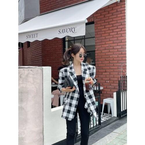 Temperament contrast color check pattern plaid lapel linen short sleeve blazer casual thin style suit jacket