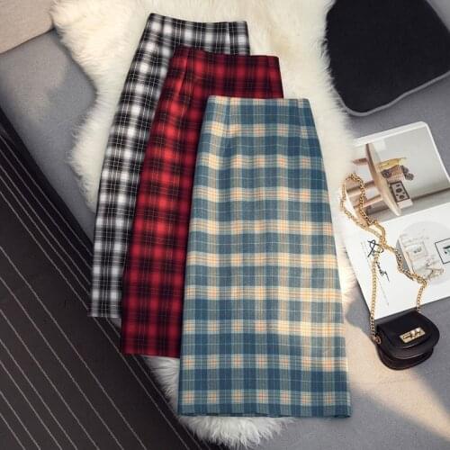 Luck A Women New Arrival Autumn Winter Midi Skirts Vintage Plaid Female Split Skirts Casual Street Lady High Waist Bottoms