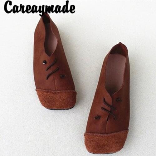Careaymade-Retro Ethnic Style Soft Flat-soled Womens Shoes Square Head Full Skin Cattle Leather Hand-made Slim Single Shoes
