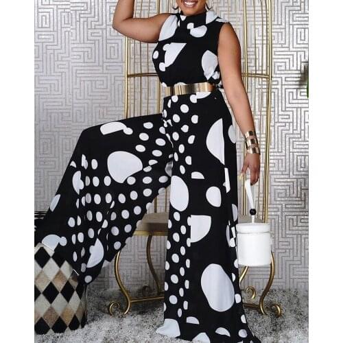 RMSFE 2021 New Fashion Personality Street Snap Temperament Sleeveless High Neck Waist Spot Print Loose Wide Leg Long Jumpsuit