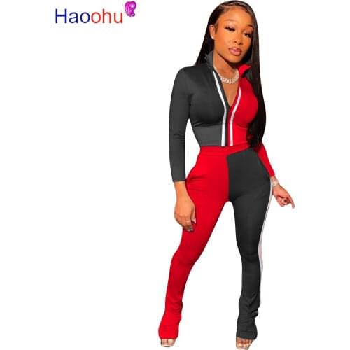 Sportwear Tracksuit Women Front Zipper Long Sleeve Slim Crop Top and Bodycon Pants Suits Streetwear Color Block Matching Outfits