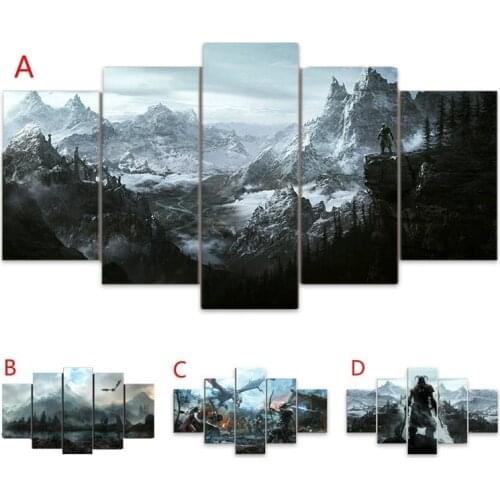 5 Piece Video Game Skyrim Dragon Posters and HD Prints Landscape Pictures Canvas Painting for Living Room Wall Art Home Decor