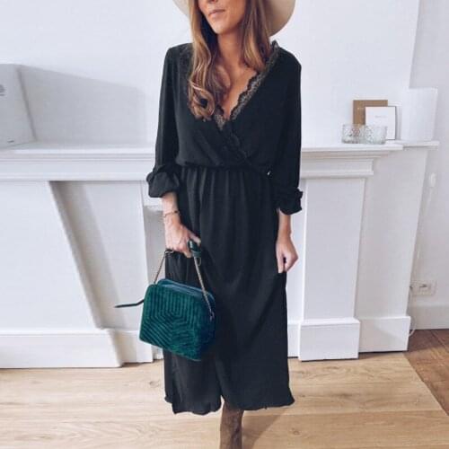 Bohemian Black Evening Dresses V Neck Lace Edge Full Sleeves A Line Formal Women Lady Dress YSAN948
