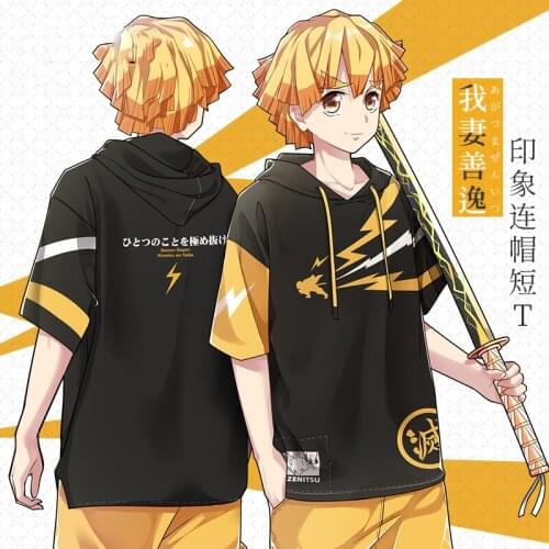 Demon Slayer Kimetsu no Yaiba Agatsuma Zenitsu Cosplay Casual T-shirt Men Women Summer Short Sleeve Hooded Tee Tops Fashion