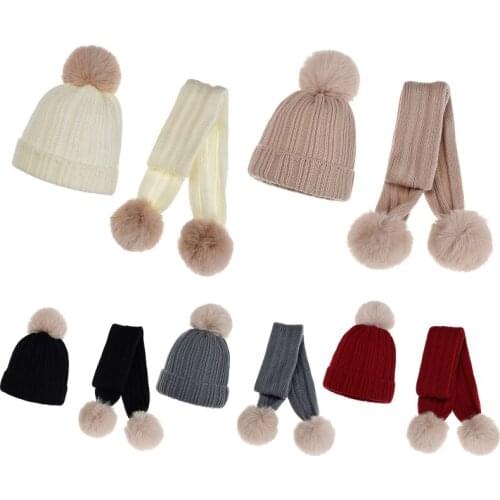 Kids Winter Warm Knitted Ribbed Striped Pompom Cuffed Hat and Long Scarf Set