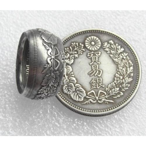 Japan Meiji 7 Year Reproduction Silver Plated Trade Dollar Coin Ring Handmade In Sizes 8-16