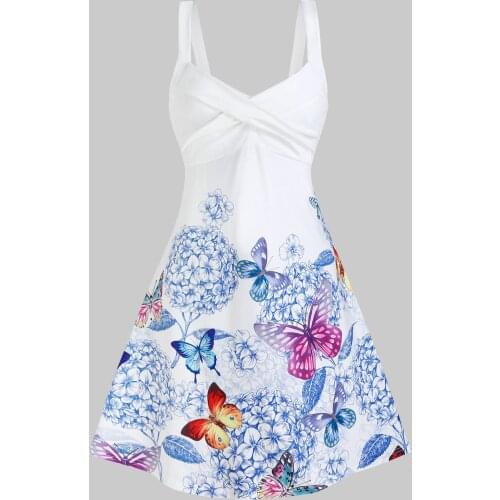 Wipalo Plus Size Summer Sexy Dress Sleeveless Butterfly And Flower Print Crossover Dress Spaghetti Strap Women Mini Party Dress