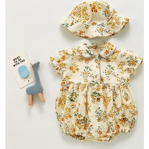 Summer Infant Baby Girls Floral Jumpsuits Clothes Adorable Short Puff Sleeve Linen Cotton Romper+Hood Cozy Sets for Toddler Baby