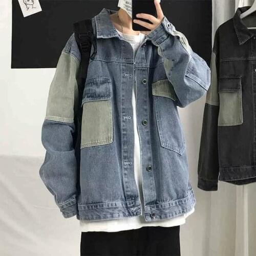 2021 Men Blue Denim Jacket Korean Style Black All-match Loose Tooling Jacket Casual Men Bomber Jacket Plus Size Tops