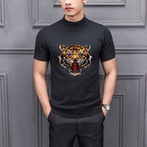 Spring/Summer 2021 Tiger Diamond Animal Mens Short Sleeve Pullover Slim Knit T-Shirt Hip Hop New Base Sweater