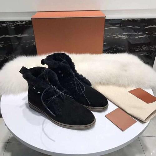 Vallu 2020 winter new flat-bottomed genuine leather plain all-match fashion style high quality lace-up fur shoes