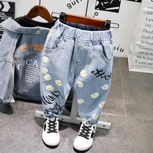 2020 Autumn Winter New Kids Jeans Baby Boys Fashion Daisy Print Casual Denim Pants Kids Boys Cowboy Pants Trousers Baby Jeans