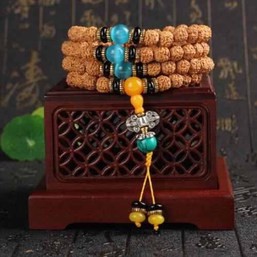 Original Design Exquisite Tibetan Dragon Grain Bodhi Seed 108 Beads Mala Bracelet with Blue Cats Eye Stone Hand String Wholesale