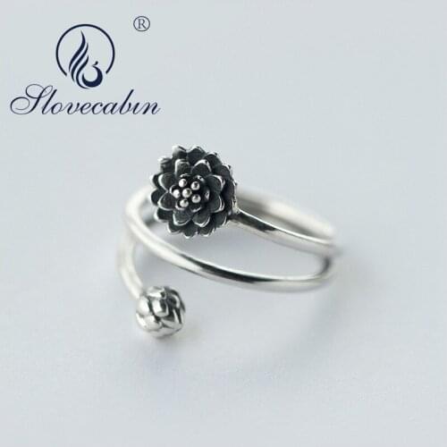 Slovecabin 100% Real 925 Sterling Silver European Vintage 3-layers Multi -Rows Lotus Flower & Bub Ring Namaste Yoga Jewelry