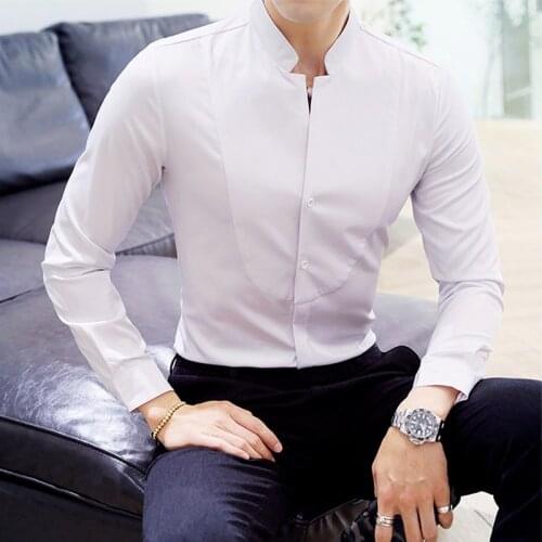 Mens Stand Collar Casual Shirt Long Sleeve Slim Fit Mens High Quality Pure Color Business Fashion Formal Shirt Size 5XL
