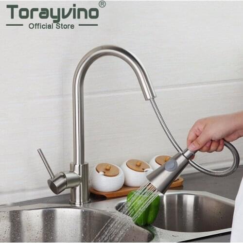 Torayvino 360 Swivel Nickel Brushed Kitchen Pull Out Faucet Solid Brass Spray Deck Mounted Basin Sink Cold And Hot Mixer Tap