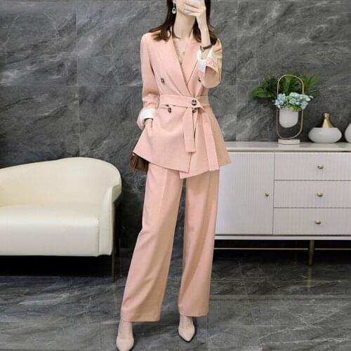 Vintage 2021 Women Blazer Set With Belt Notched Blazer Loose Wid Leg Pant Women Pant Suits Female Trouser Suit Plus Size M-5XL