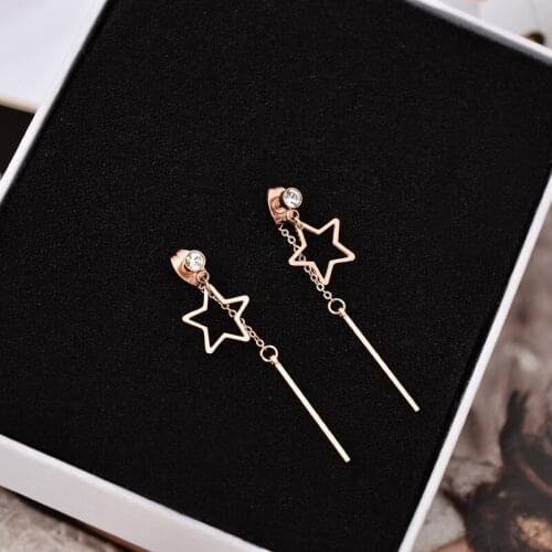YUN RUO Rose Gold Color Fashion Star Zircon Taeesl Stud Earrings Woman Party Girl Gift 316 L Stainless Steel Fashion Jewelry Hot