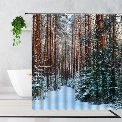 Winter Birch Forest Scenery Shower Curtain Snow Pine Branches Trees Home Decoration Waterproof Bath Curtains With Hook Polyester
