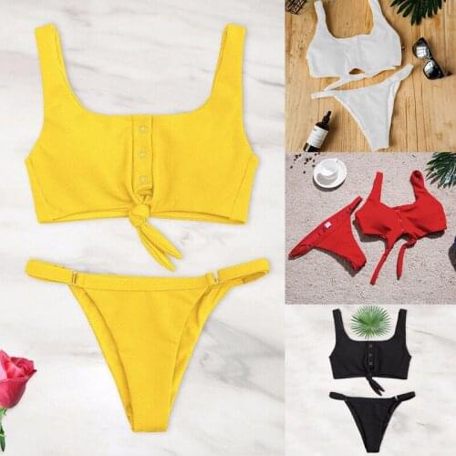 2019 New Two Pieces Women Push-up Padded Bra Bandage Bikini Triangle Swimwear Swimsuit Bathing Beachwear Solid Yellow Red White