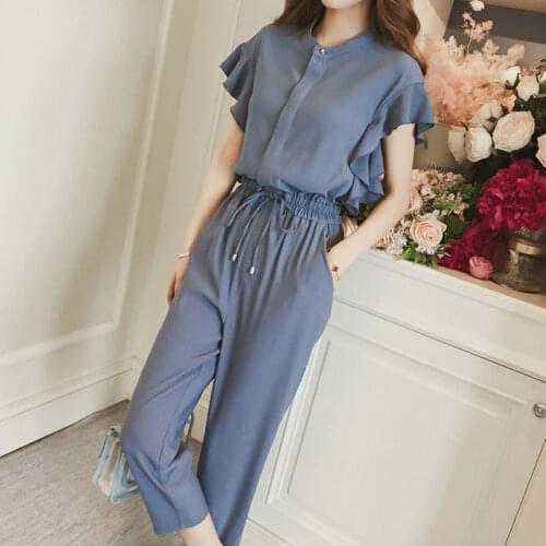 2020 Summer Solid Lotus Leaf Sleeve Two Piece Set Female Chiffon Sexy Loose Casual Wide Leg Pants Women Suits Plus Size 3XL F238