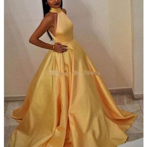 Elegant Robe De Soiree Muslim Women A-Line Halter Floor Length Long Yellow Evening Dress 2019 with Pockets Vestido De Festa Sexy