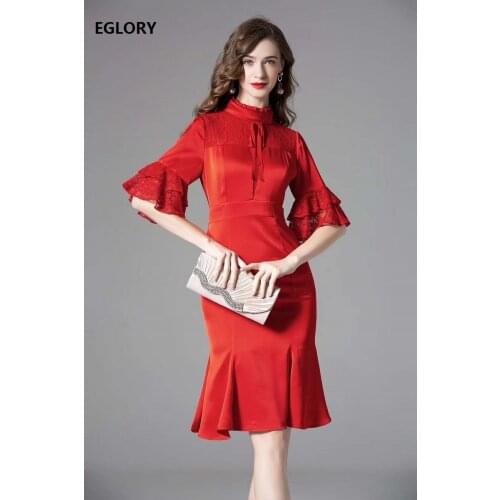 2020 Autumn Winter Runway Bodycon Dress High Quality Women Sexy Lace Patchwork Flare Sleeve Knee-Length Party Mermaid Dress 3xl