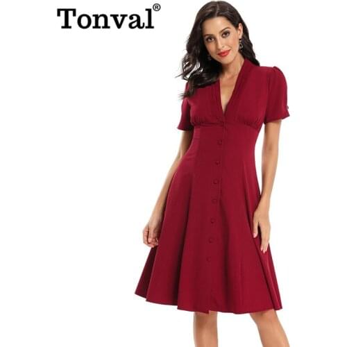 Tonval Retro Single Breasted Ruched V Neck Elegant Party Midi Dress Women Rockabilly Vintage Ladies Sexy Swing Dresses