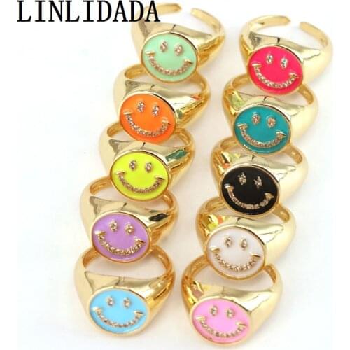 8Pcs Hot fashion colorful enamel rings happy smiley face design ring jewelry cz micro pave summer jewelry