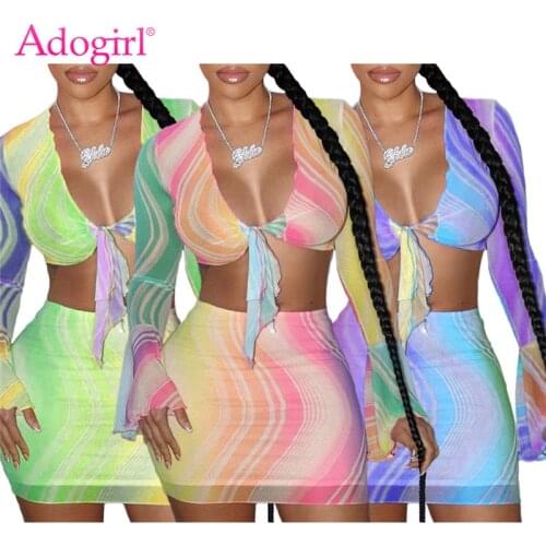 Adogirl Colorful Rainbow Stripe Print Mesh Two Piece Set Dress Women Sexy Lace Up Flare Long Sleeve Blouse Crop Top Mini Skirt