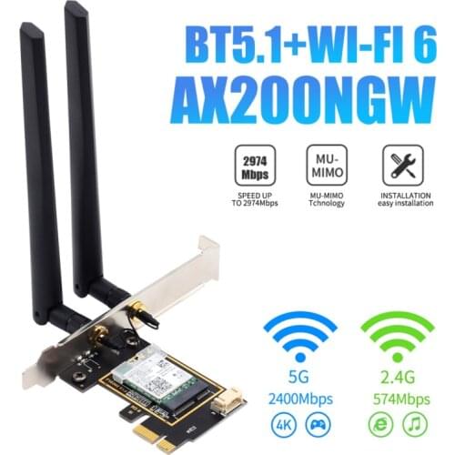 3000Mbps Wifi 6 Intel AX200 PCI-e Wireless Network Card Bluetooth 5.1 Adapter 802.11ax 2.4G/5GHz Dual Band Antennas MU-MIMO
