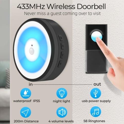 USB Powered Wireless Smart Doorbell Home IP55 Waterproof Sensor Night Light Human Body Induction Home Security Security Doorbell