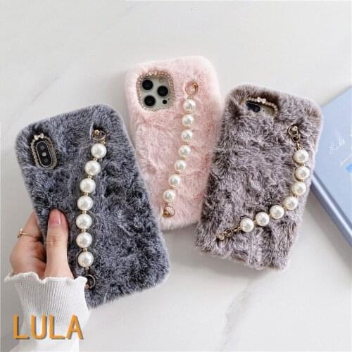 Pearl Chain Rabbit Fur Case for Xiaomi Redmi Note 10 Pro MAX 10S Mi 8 Lite 9 SE Poco X3 NFC M3 A1 A2 A3 Wrist Bracelet Cover