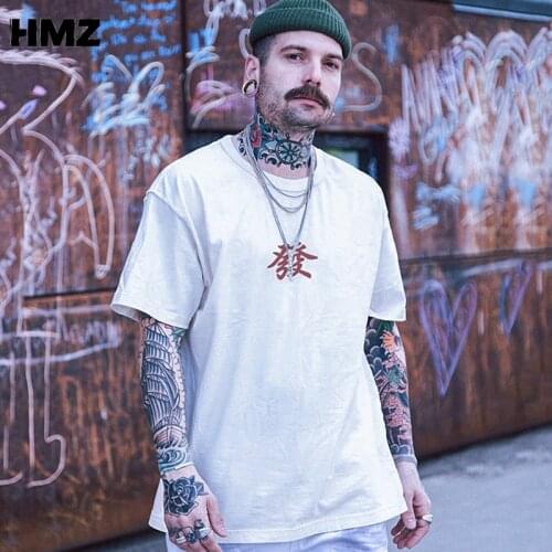 HMZ 2021 Men Hip Hop T Shirt Lucky Print T-Shirt Streetwear Chinese Letter Tshirt Oversized Harajuku Summer Tops Tees Cotton New