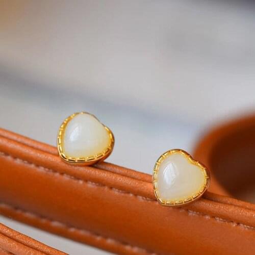 Natural Hetian Jade White Jade Love Heart Stud Earrings Heart-Shaped Small S925 Sterling Silver Stud Earrings Elegant Chinese St